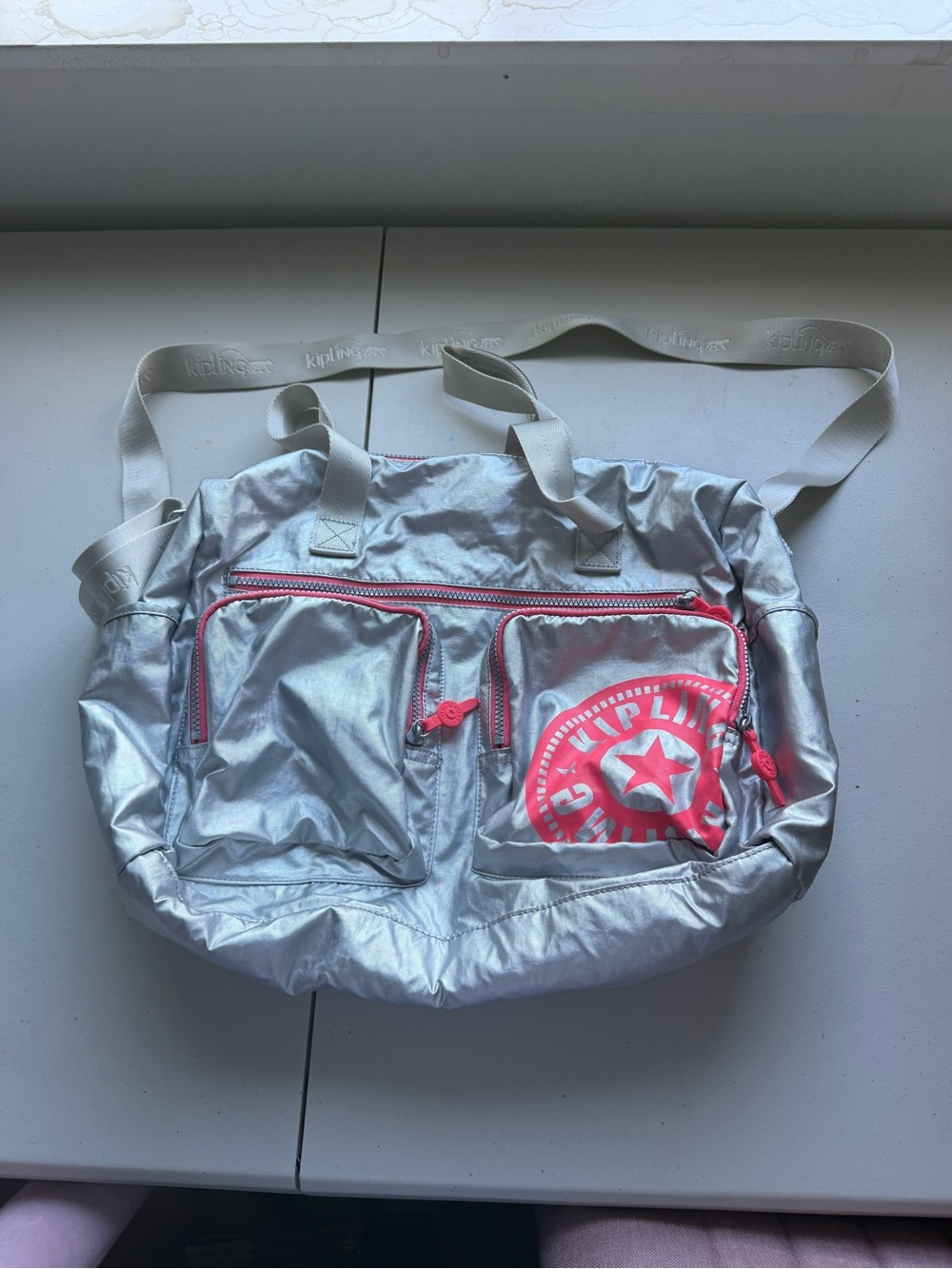 Kipling Silver Nylon Messenger Bag with Pink Accents